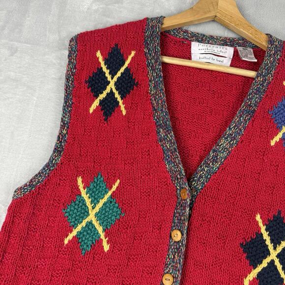 Vintage Northern Isles Portraits Hand Knit Sweater Vest Red Pattern M-L Cottage - Picture 7 of 9
